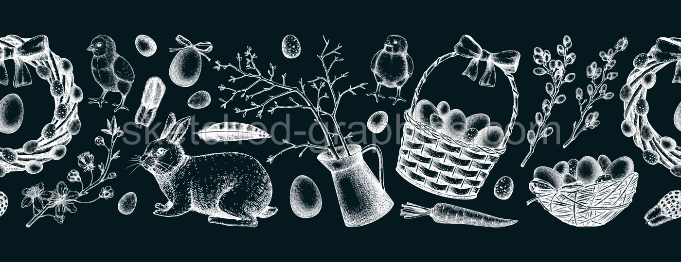 Seamless Easter ribbon design with cute characters and spring decor elements. Hand drawn bunnies, eggs, chickens, flowers and flowering trees background. Vector Holiday sketches on chalkboard Illustration